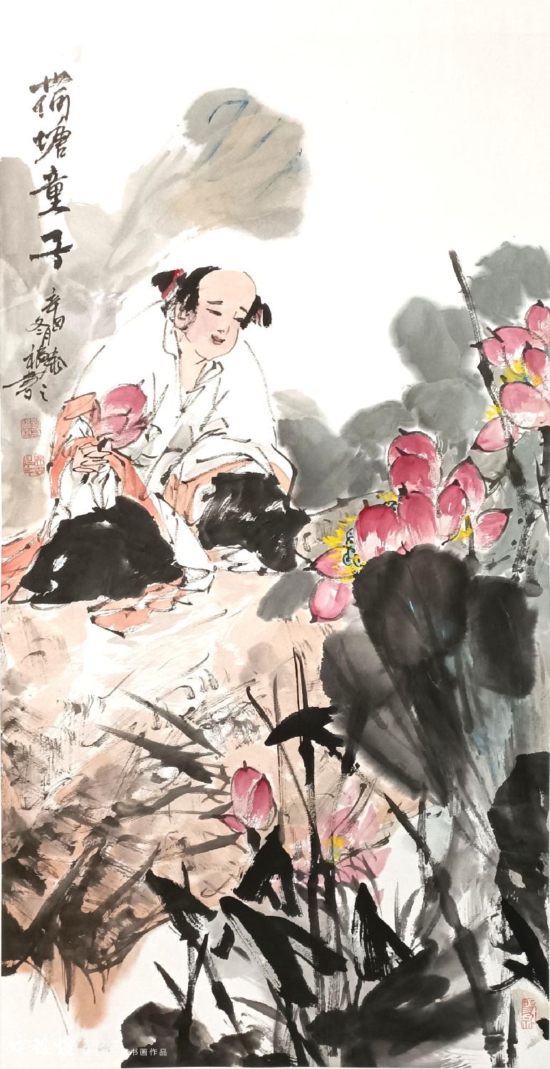 极具收藏潜力的实力派画家，著名旅日画家刘福泰老师，大写意作品《荷塘童子》欣赏